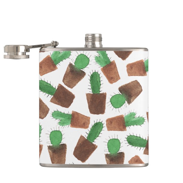 Trendy green brown watercolor cactus pattern hip flask (Opened)
