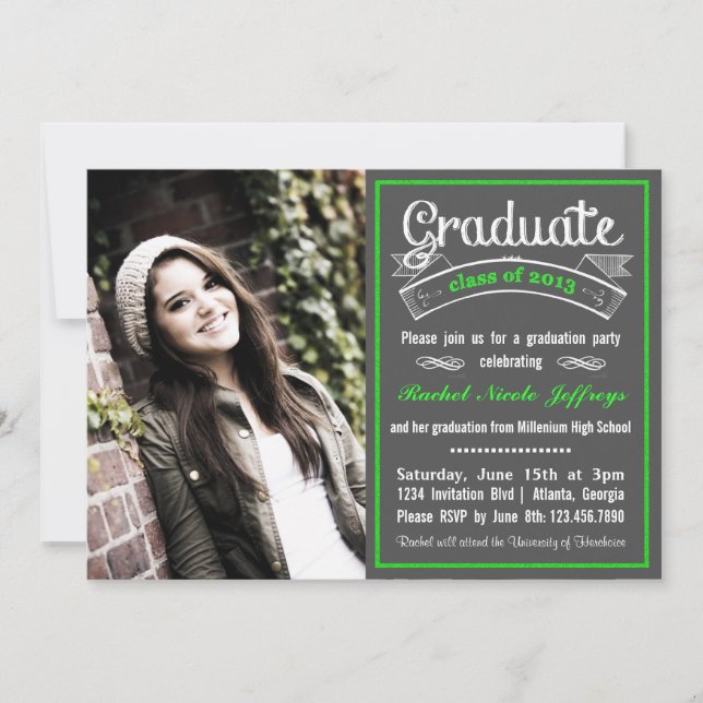 Trendy Green Chalkboard Typography Graduation Invitation (Front)