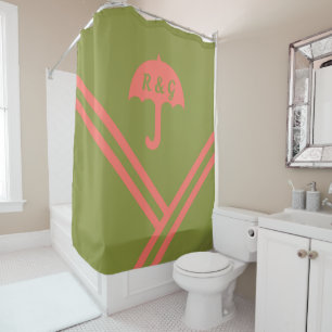 Trendy Green Coral Stripes Umbrella Initials Shower Curtain