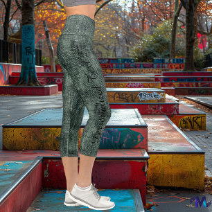Trendy Green Denim Pattern with Custom Text & Logo Capri Leggings
