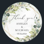 Trendy green eucalyptus and gold wedding sticker<br><div class="desc">Stunning design for wedding stickers - Watercolor eucalyptus mixed soft pastel green leaves woven into faux gold geometric frame and combined trendy calligraphy font makes this design so impressive. For enhance bohemian feeling this amazing floral bouquet combined modern calligraphy script font. Don't hesitate to contact me for matching items or...</div>