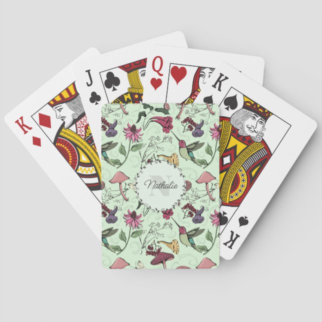 Trendy Green Flowers & Hummingbird Monogram Playing Cards (Back)