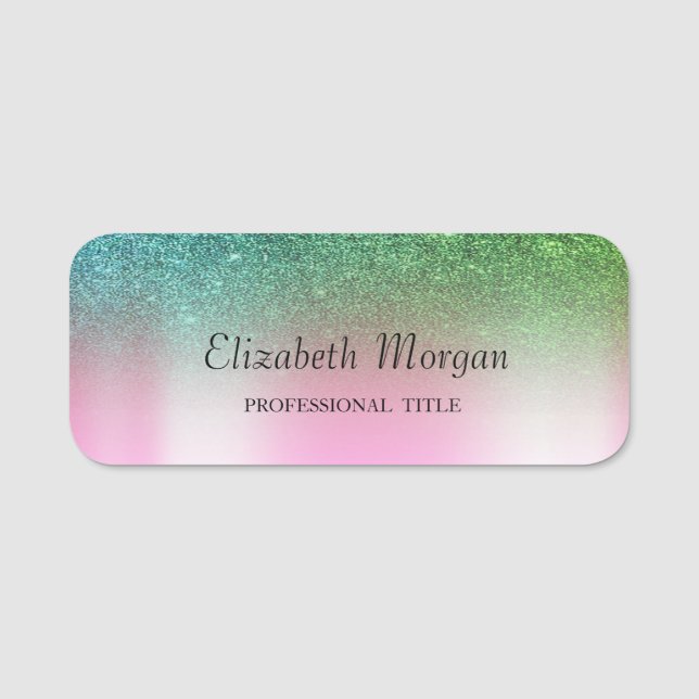 Trendy Green Glitter ,Pink Name Tag (Front)