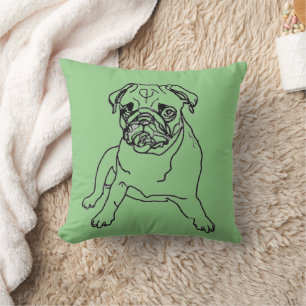 Trendy Green Hipster Pug Dog Drawing Pillow