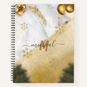Trendy green Leave Gold Star Marble Custom Name  Notebook