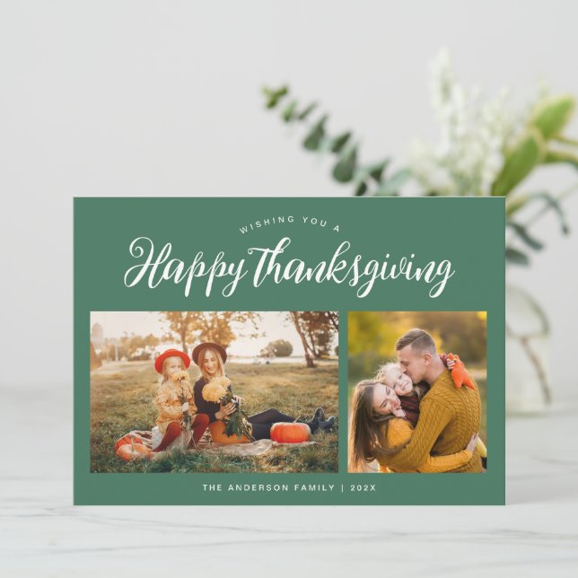 Trendy green lettering happy thanksgiving holiday card (Standing Front)