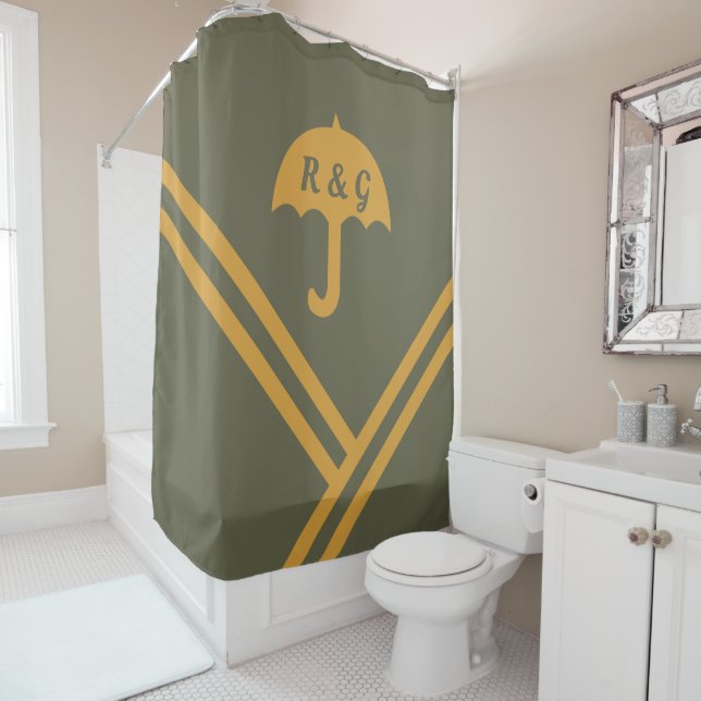 Trendy Green Mango Stripes Umbrella Initials Shower Curtain (In Situ)