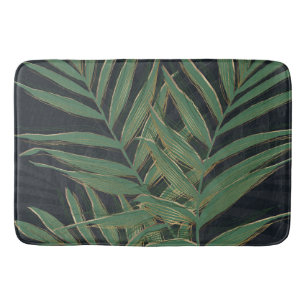 Trendy Green Palm Leaves Gold Strokes Grey Design Bath Mat
