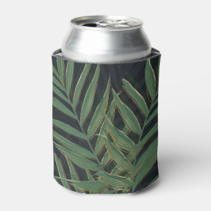 Trendy Green Palm Leaves Gold Strokes Grey Design Can Cooler