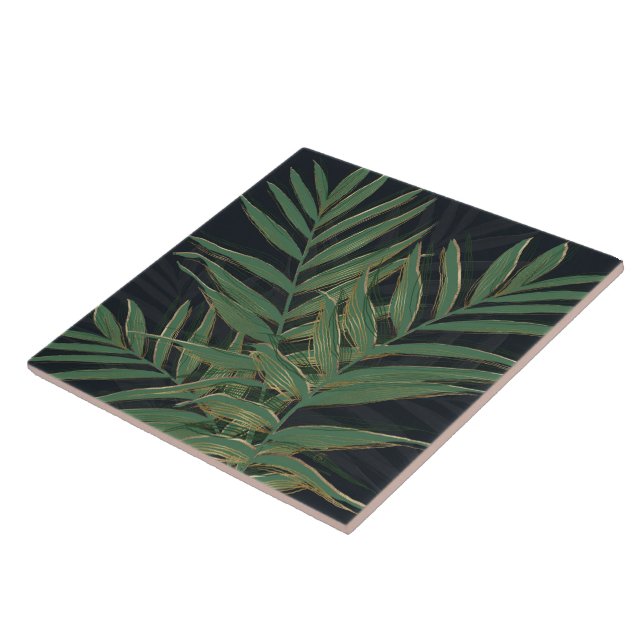 Trendy Green Palm Leaves Gold Strokes Grey Design Ceramic Tile (Side)