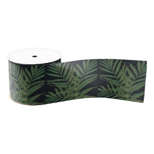 Trendy Green Palm Leaves Gold Strokes Grey Design Grosgrain Ribbon