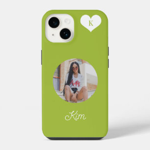 Trendy green photo and name personalised modern iPhone 14 case