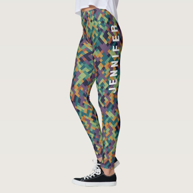 Trendy Green Pixel Art Name And Abstract Pattern Leggings (Left)