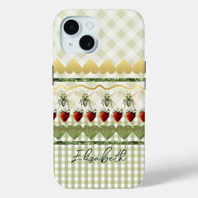 Trendy Green Plaid and Checks Bees Hearts Monogram Case-Mate iPhone Case (Back)