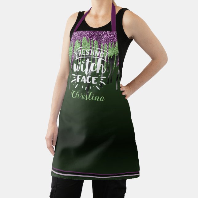 Trendy green purple glam dripping Halloween witch Apron (Insitu)
