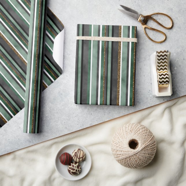 Trendy Green Stripe & Gold Glitter Christmas Yule Wrapping Paper (Crafts)