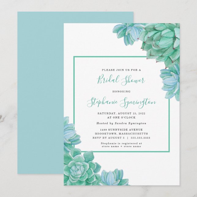 Trendy Green Succulents bridal shower Invitation (Front/Back)
