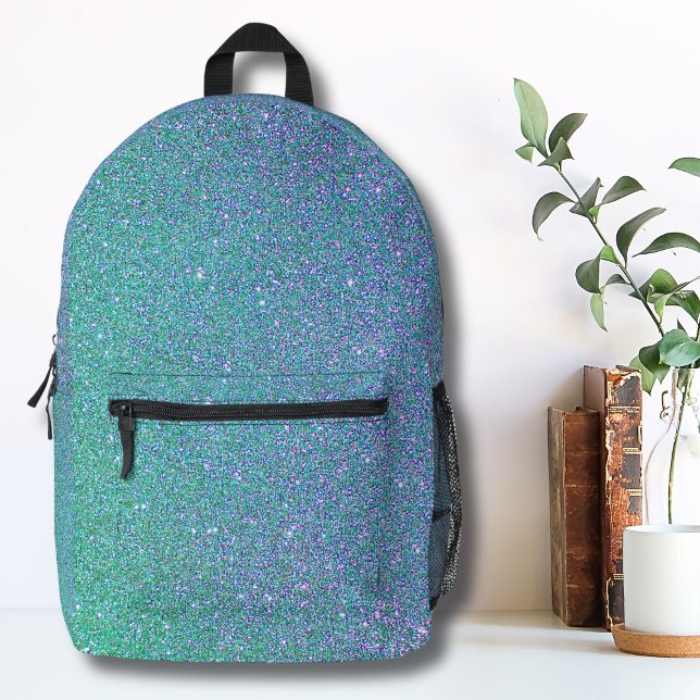 Trendy Green Teal Blue Glitter Pattern Printed Backpack (Trendy Gradient Ombre Green Teal Blue Glitter Printed Backpack)