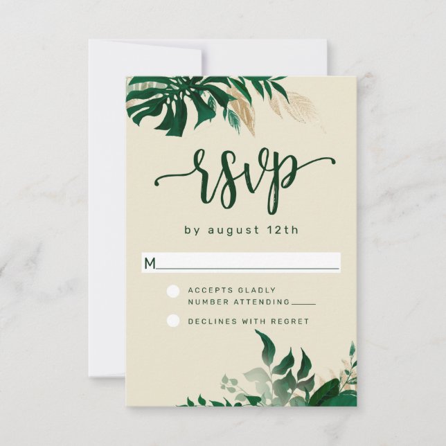 Trendy Green Tropical Foliage Modern Wedding RSVP Card (Front)