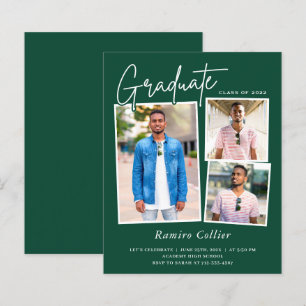 Trendy Green White Three Photo Graduation Invitati