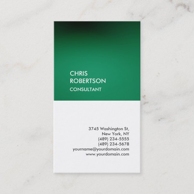 Trendy green white vertical unique business card (Front)