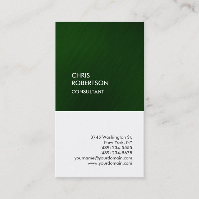 Trendy green white vertical unique business card (Front)