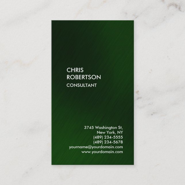 Trendy green white vertical unique business card (Front)