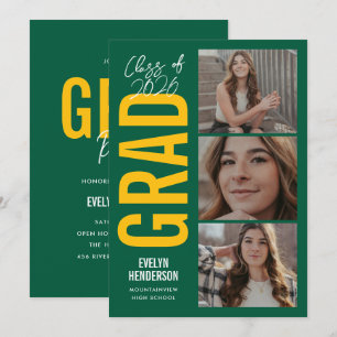 Trendy Green Yellow 3 Photo Graduation Party Announcement