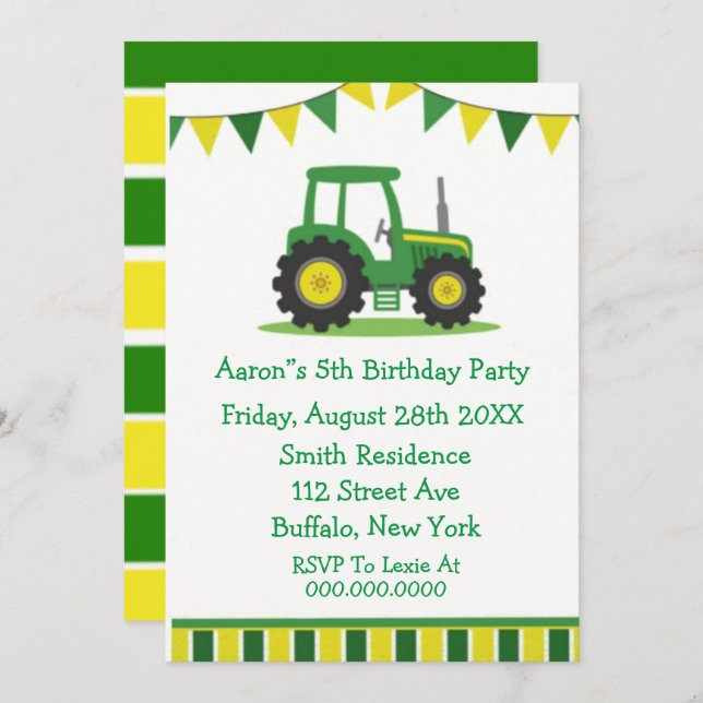 Trendy Green Yellow Tractor Boy Birthday Party Invitation (Front/Back)