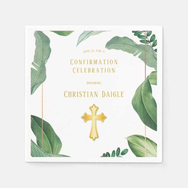 Trendy Greenery And Gold Cross Confirmation Napkin (Front)