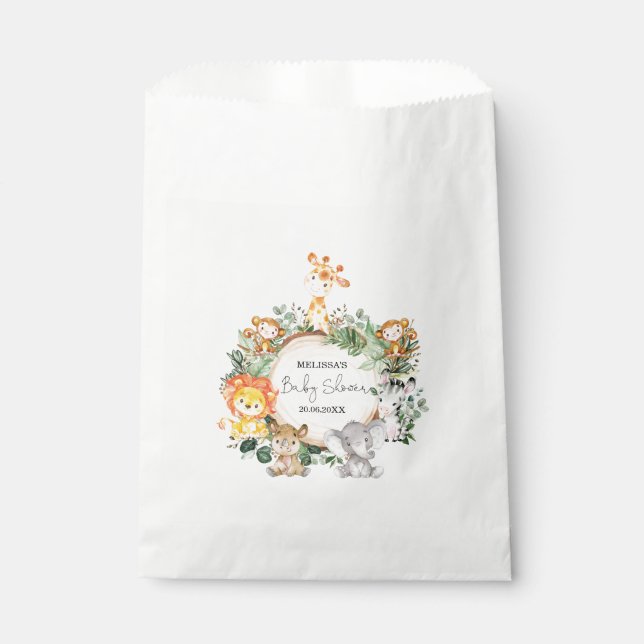 Trendy Greenery Jungle Safari Animals Baby Shower Favour Bag (Front)