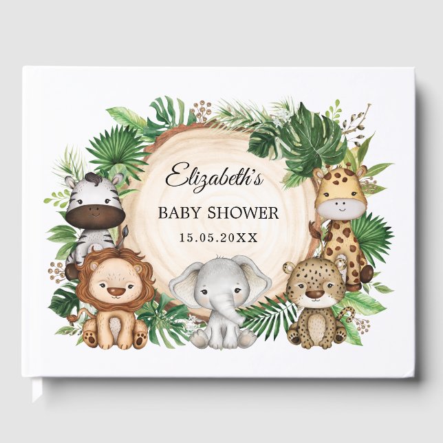 Trendy Greenery Jungle Safari Animals Baby Shower Guest Book (Front)
