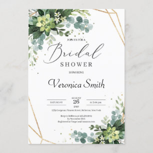 Trendy greenery succulent gold frame bridal shower invitation