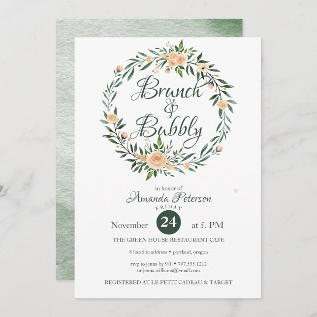 Trendy Greenery Wreath Brunch & Bubbly Invitation (Front/Back)