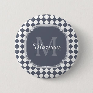 Trendy Grey and White Checked Monogrammed Name 6 Cm Round Badge