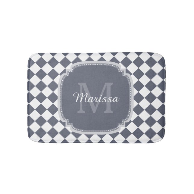 Trendy Grey and White Checked Monogrammed Name Bath Mat (Front)