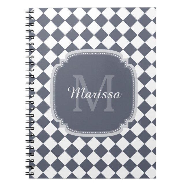 Trendy Grey and White Checked Monogrammed Name Notebook (Front)