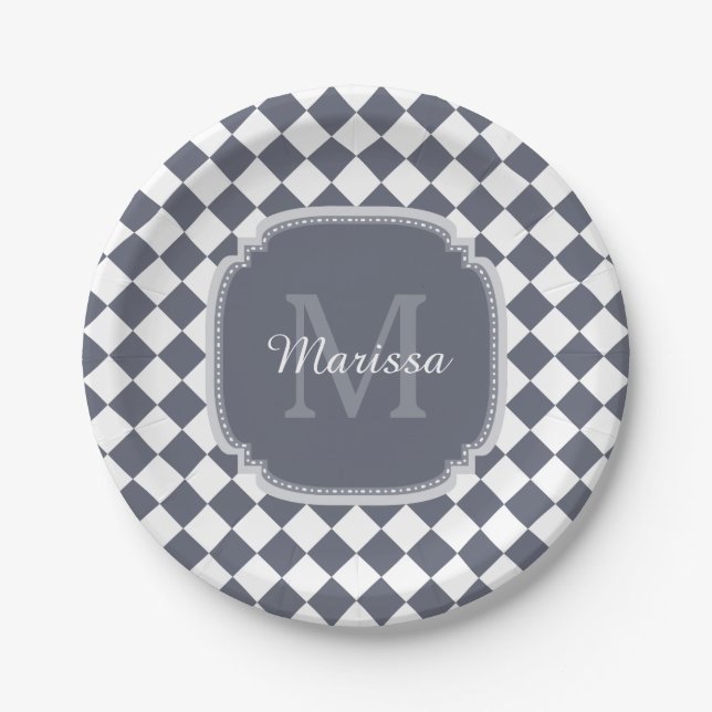 Trendy Grey and White Checked Monogrammed Name Paper Plate (Front)