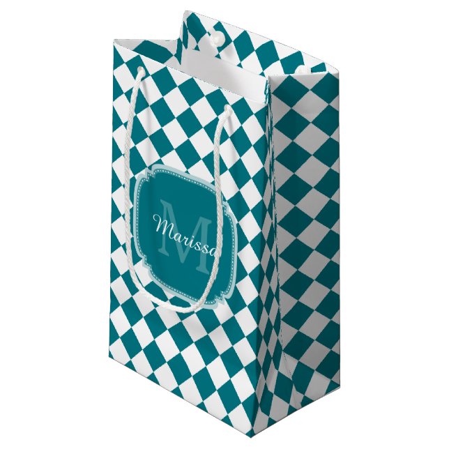 Trendy Grey and White Checked Monogrammed Name Small Gift Bag (Front Angled)