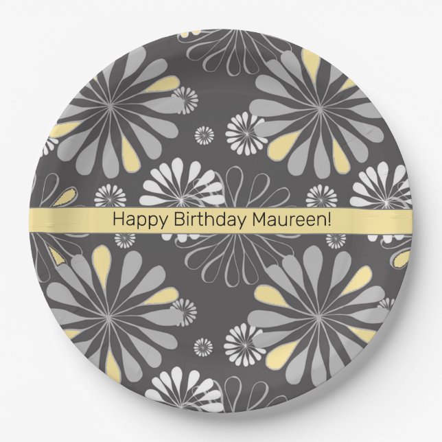 Trendy Grey and Yellow Floral  Paper Plates (Front)