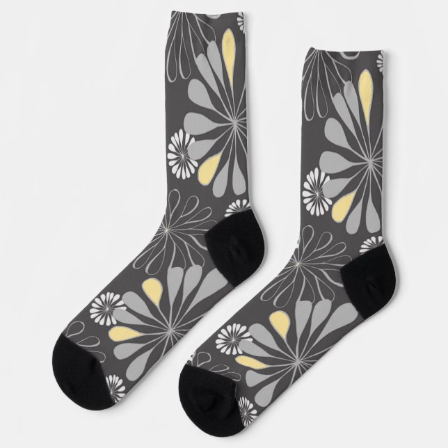 Trendy Grey and Yellow Floral Socks (Left)