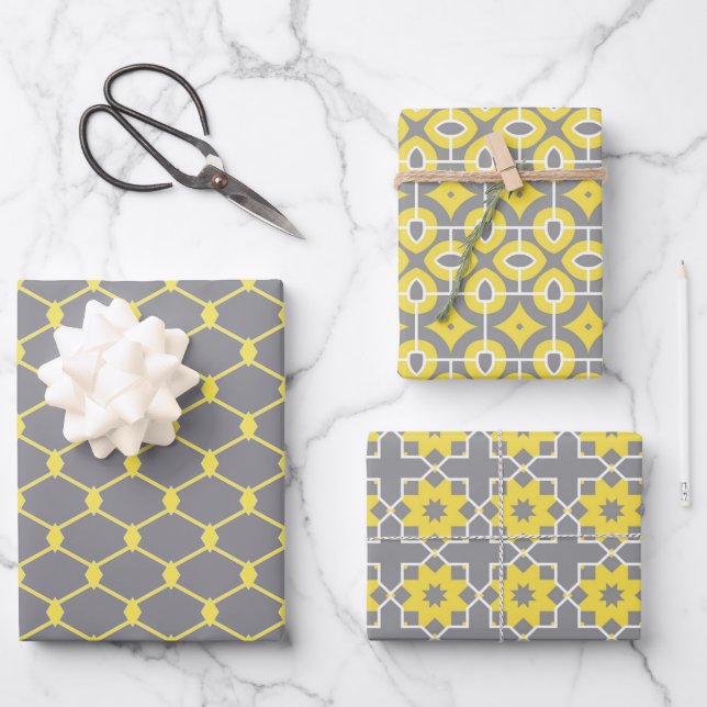 Trendy Grey and Yellow Geometric Patterns Wrapping Paper Sheet (Front)