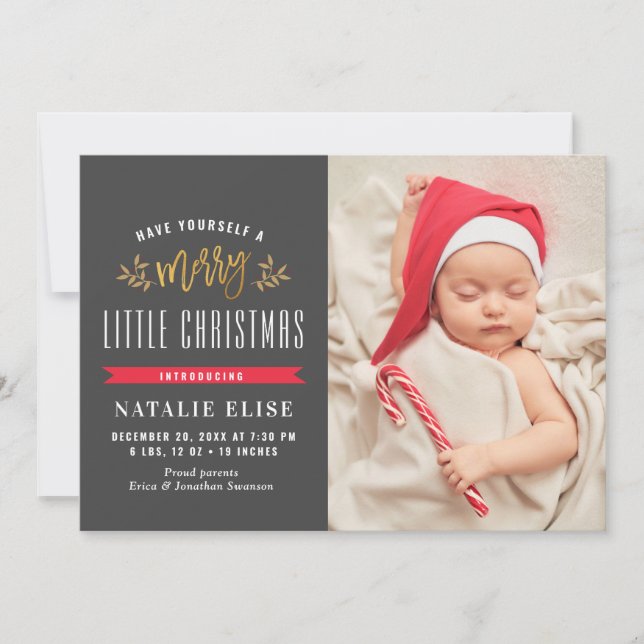 trendy grey baby holiday birth announcement (Front)