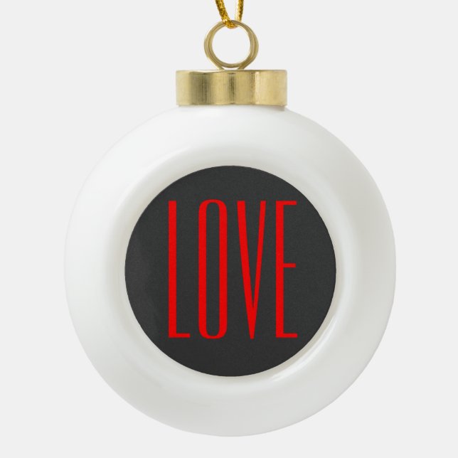 Trendy Grey Background Red Love Wedding Ceramic Ball Christmas Ornament (Front)