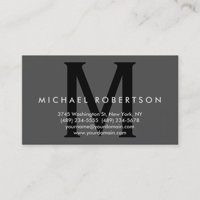 Trendy Grey Black Monogram Minimal Business Card (Front)