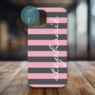 Trendy Grey Blush Pink Striped Pattern Script name iPhone 16 Case