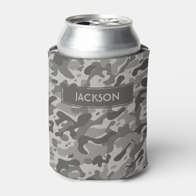 Trendy grey camouflage pattern with name can cooler (Can Front)