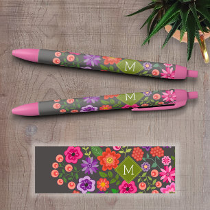 Trendy Grey Floral Pattern with Custom Monogram Black Ink Pen
