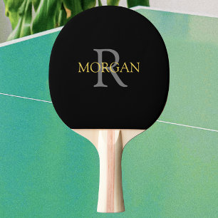Trendy Grey Monogram & Gold Name on Black Ping Pong Paddle