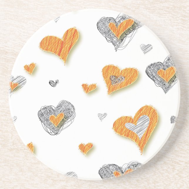 Trendy grey orange heart scribble pattern gifts coaster (Front)